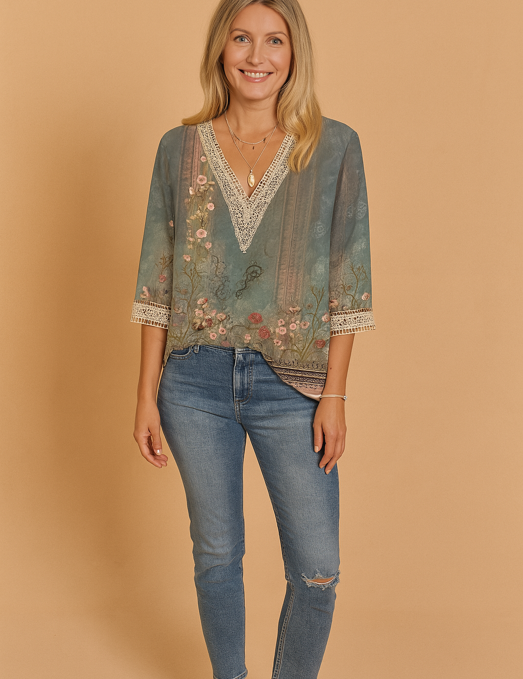 Isabelle Fontaine | Romantic Rose & Gold Print Blouse with Lace Trim