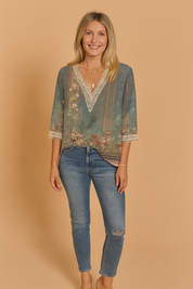 Isabelle Fontaine | Romantic Rose & Gold Print Blouse with Lace Trim
