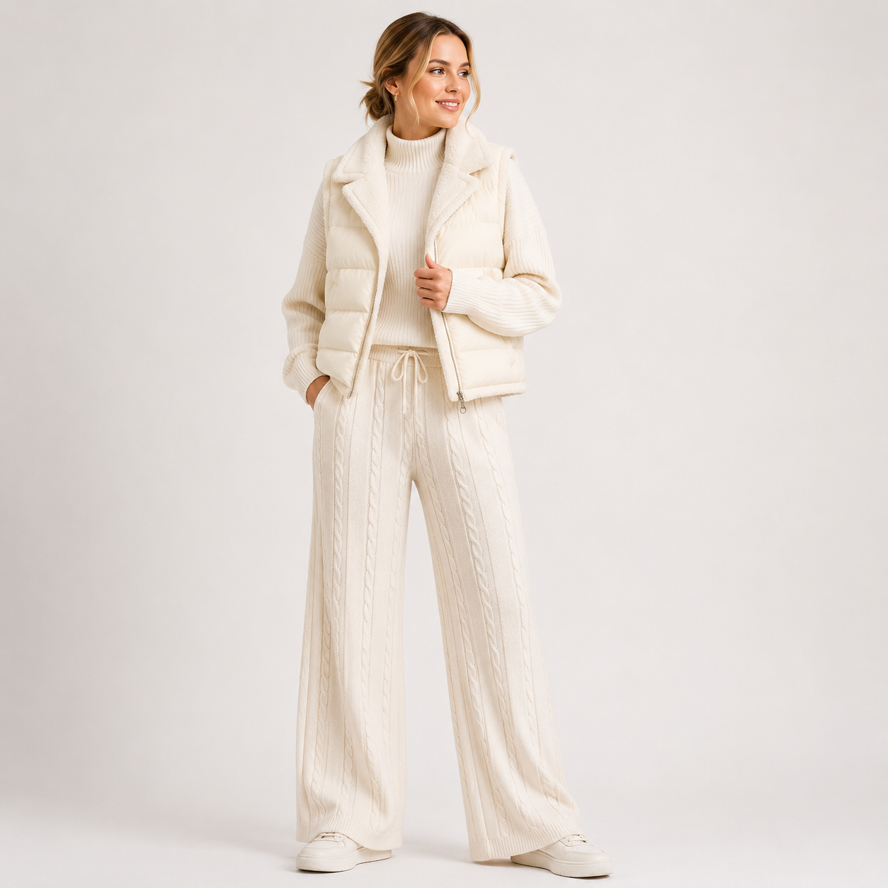 Tabitha Wood | Cable Knit Turtleneck, Trousers & Padded Vest Set