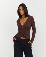 Théa Dusoleil | Ruched Long Sleeve Top in Chocolate Brown with V-Neckline