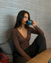 Théa Dusoleil | Ruched Long Sleeve Top in Chocolate Brown with V-Neckline