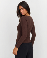 Théa Dusoleil | Ruched Long Sleeve Top in Chocolate Brown with V-Neckline