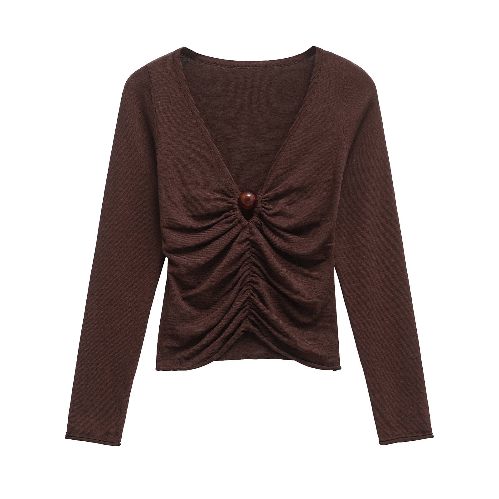Théa Dusoleil | Ruched Long Sleeve Top in Chocolate Brown with V-Neckline
