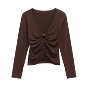 Théa Dusoleil | Ruched Long Sleeve Top in Chocolate Brown with V-Neckline