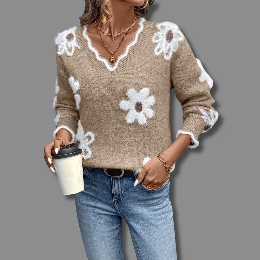 Nell Harrington | Floral Knit Sweater With V-Neck