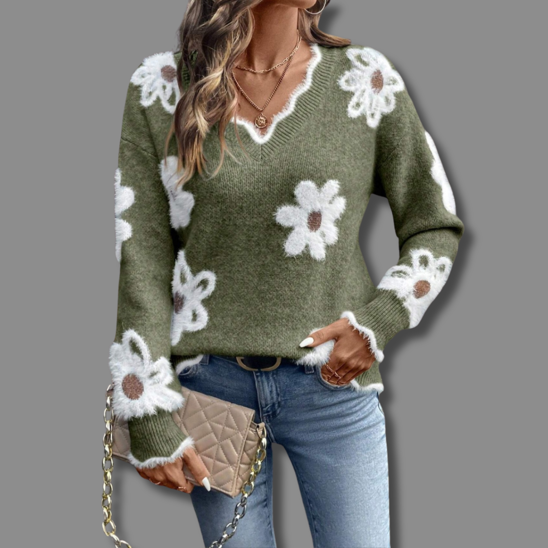 Nell Harrington | Floral Knit Sweater With V-Neck