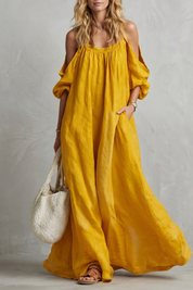 Rosie Davenport | Flowing Bohemian Cold-Shoulder Maxi Dress in Mustard