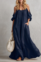 Rosie Davenport | Flowing Bohemian Cold-Shoulder Maxi Dress in Mustard