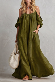 Rosie Davenport | Flowing Bohemian Cold-Shoulder Maxi Dress in Mustard