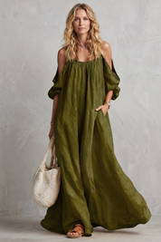 Rosie Davenport | Flowing Bohemian Cold-Shoulder Maxi Dress in Mustard