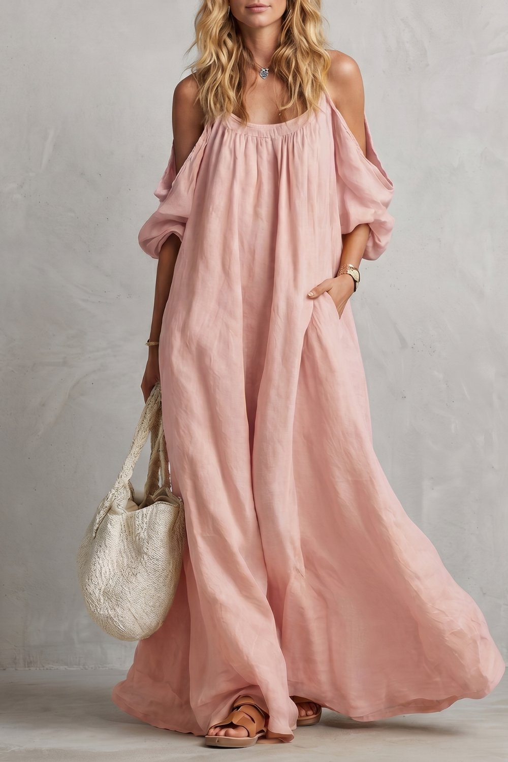 Rosie Davenport | Flowing Bohemian Cold-Shoulder Maxi Dress in Mustard