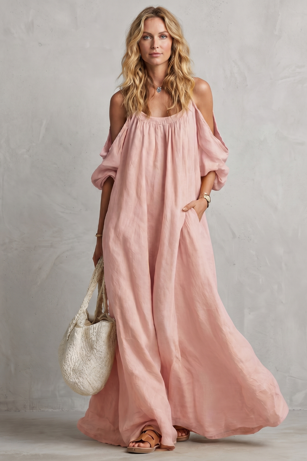 Rosie Davenport | Flowing Bohemian Cold-Shoulder Maxi Dress in Mustard