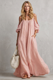Rosie Davenport | Flowing Bohemian Cold-Shoulder Maxi Dress in Mustard