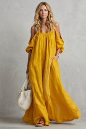 Rosie Davenport | Flowing Bohemian Cold-Shoulder Maxi Dress in Mustard