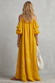 Rosie Davenport | Flowing Bohemian Cold-Shoulder Maxi Dress in Mustard