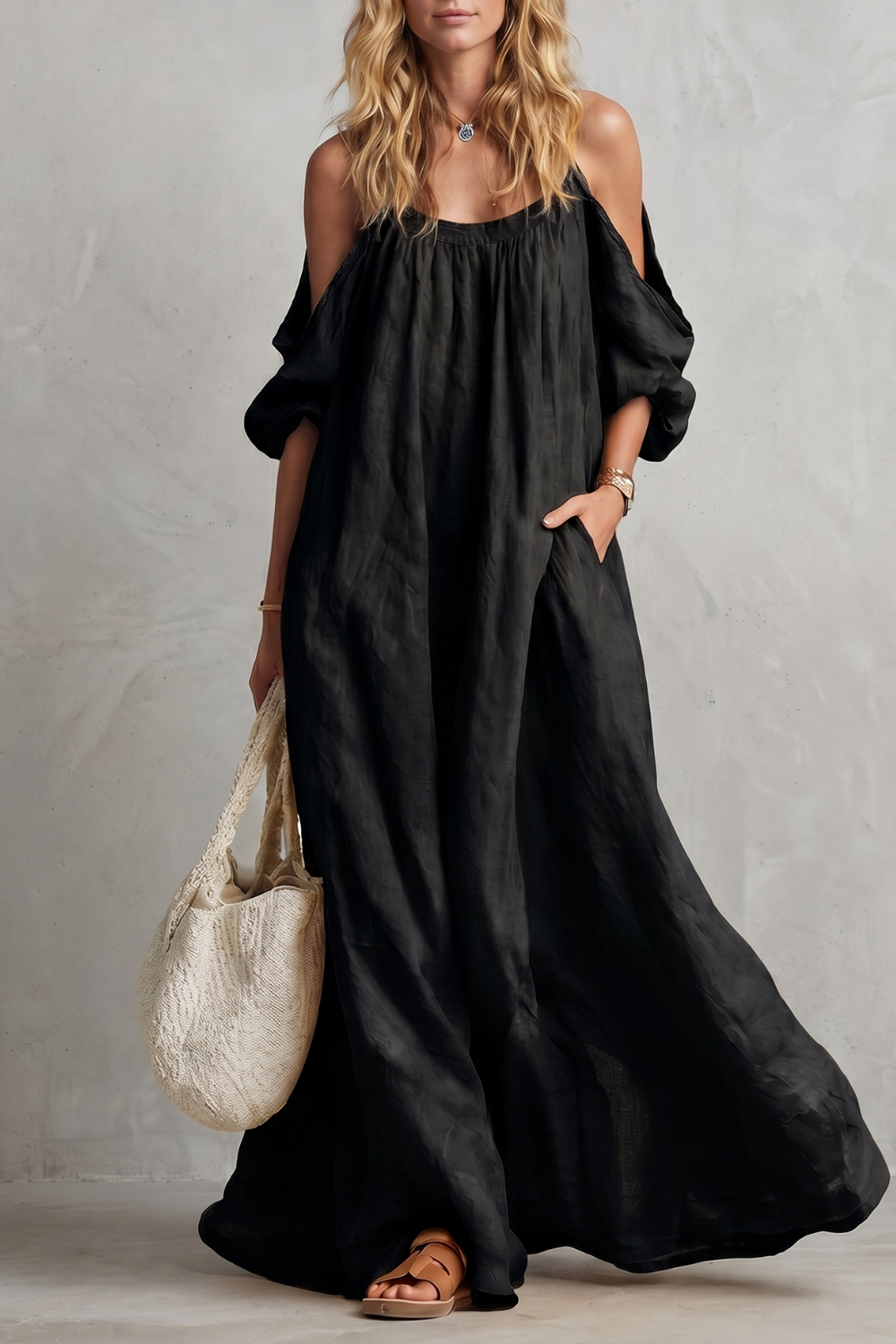 Rosie Davenport | Flowing Bohemian Cold-Shoulder Maxi Dress in Mustard