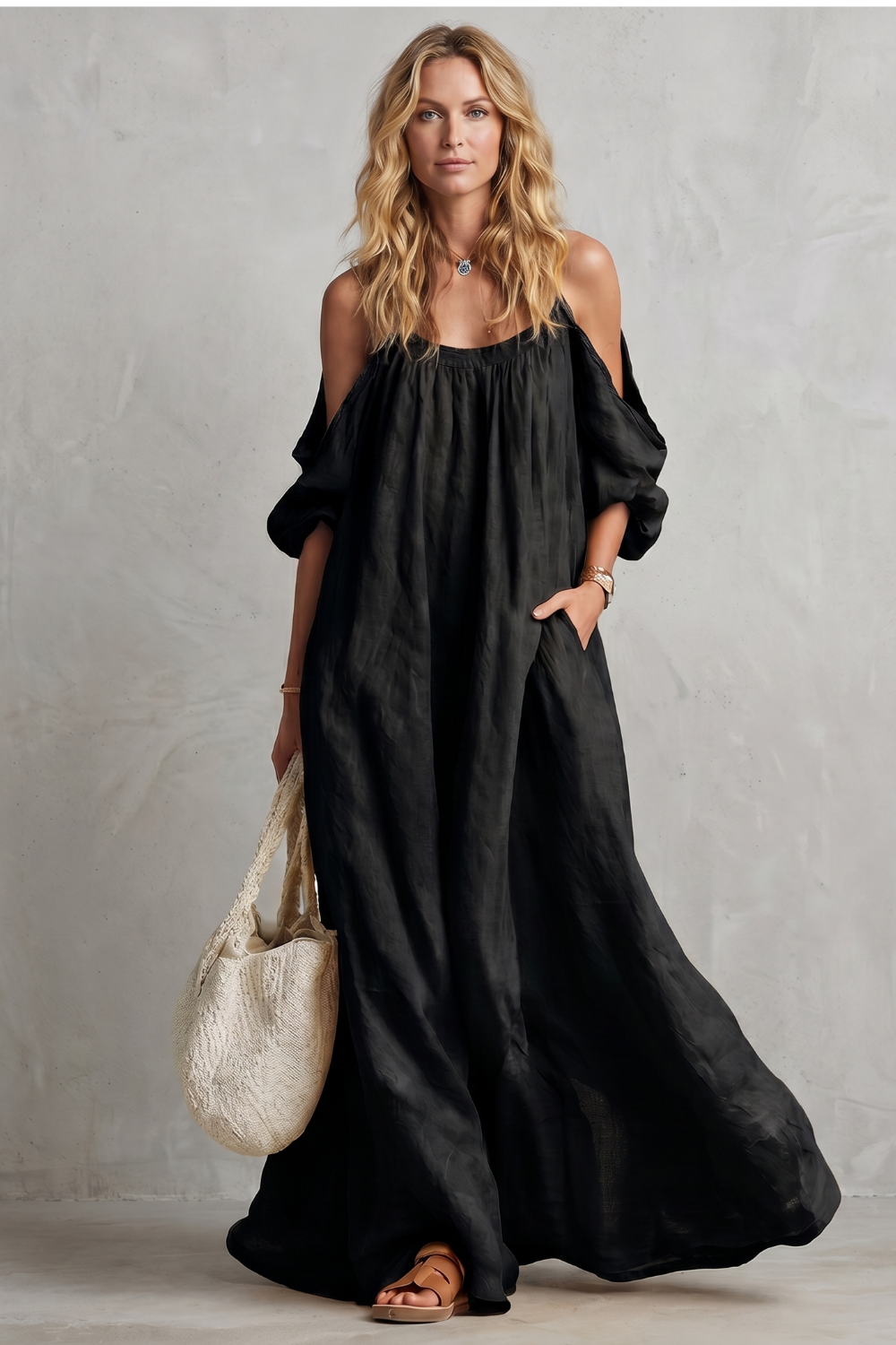 Rosie Davenport | Flowing Bohemian Cold-Shoulder Maxi Dress in Mustard