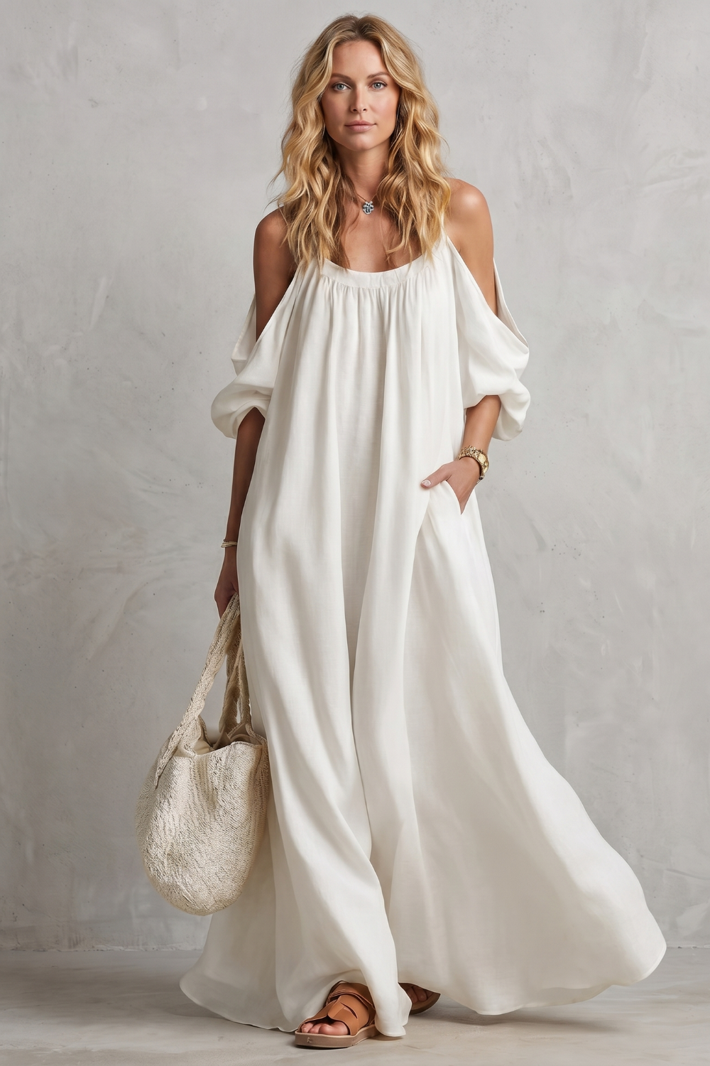 Rosie Davenport | Flowing Bohemian Cold-Shoulder Maxi Dress in Mustard