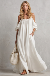 Rosie Davenport | Flowing Bohemian Cold-Shoulder Maxi Dress in Mustard