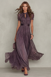 Cecily Warrington | Lace Keyhole Chiffon Maxi Dress in Dusky Plum