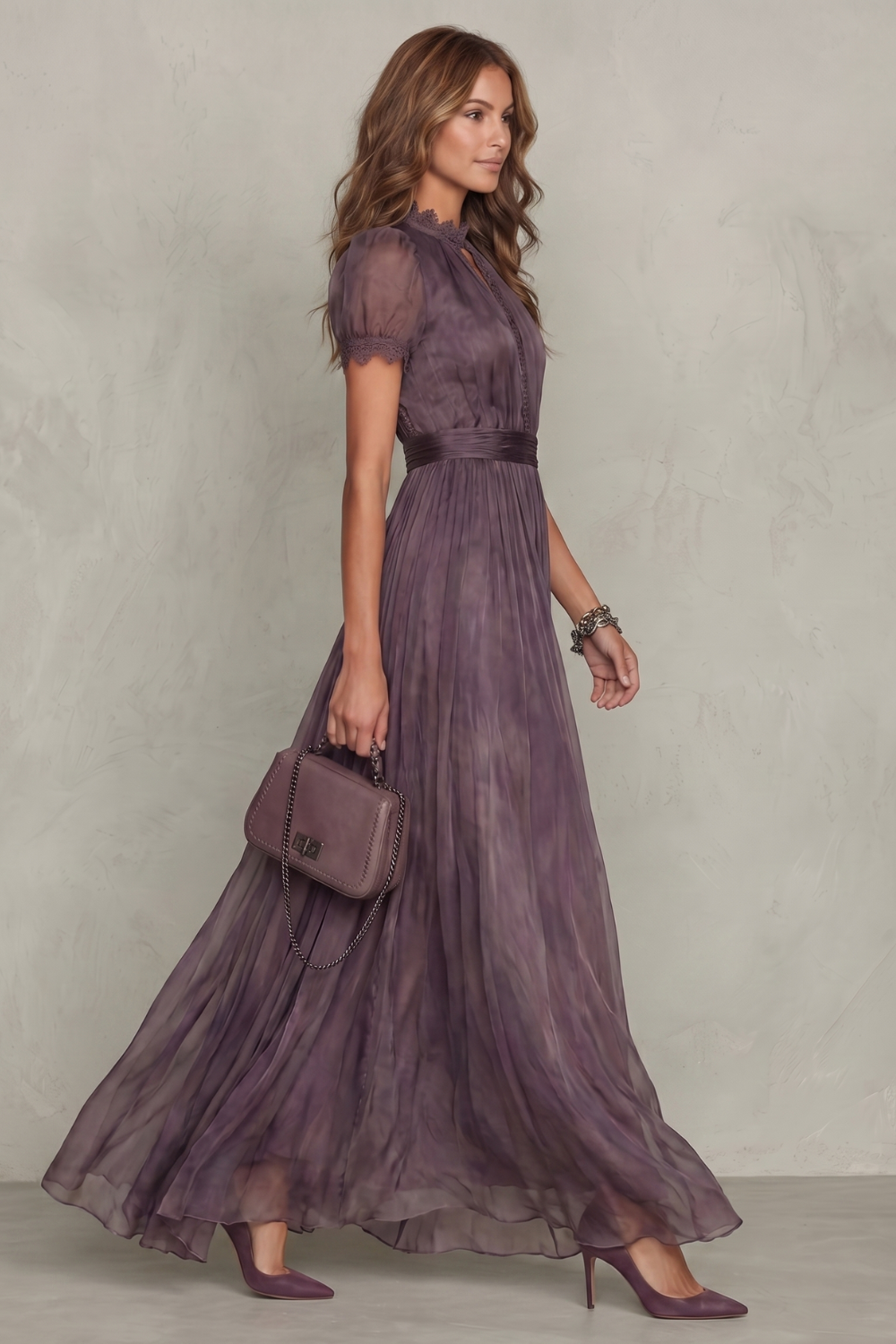 Cecily Warrington | Lace Keyhole Chiffon Maxi Dress in Dusky Plum