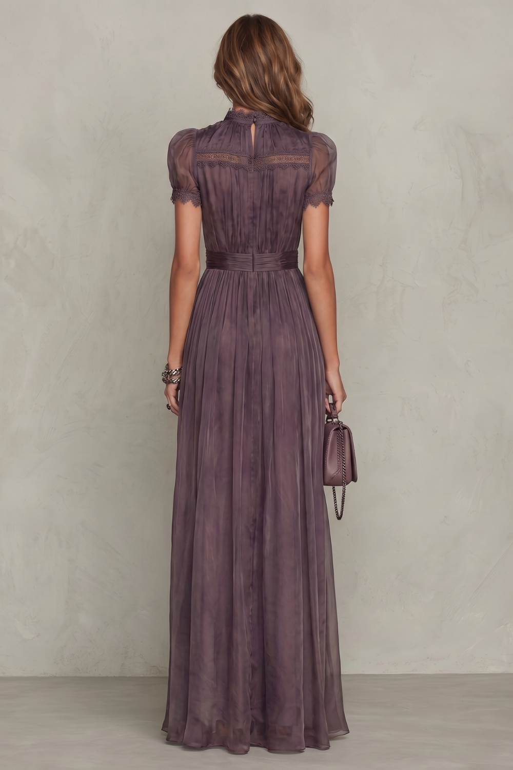 Cecily Warrington | Lace Keyhole Chiffon Maxi Dress in Dusky Plum