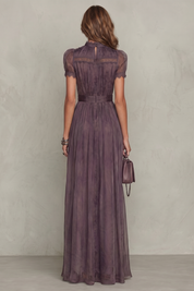 Cecily Warrington | Lace Keyhole Chiffon Maxi Dress in Dusky Plum