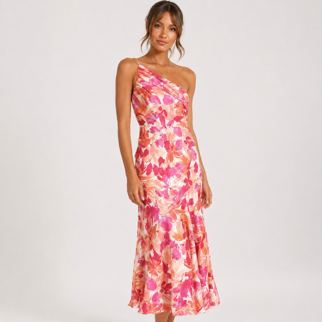 Verity Langton | Women's Satin Floral Midi Dress One Shoulder