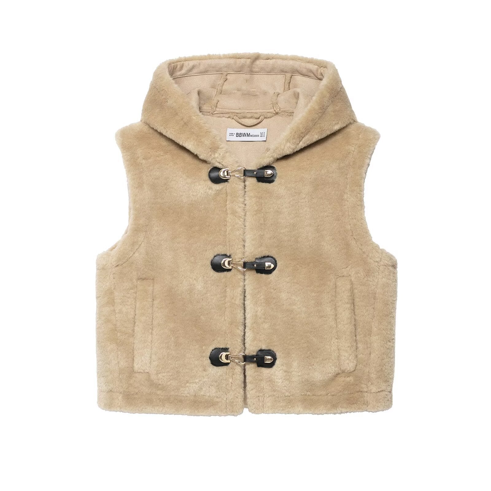 Vivette Lormand | Winter Faux Fur Gilet Beige Hooded Toggle Vest
