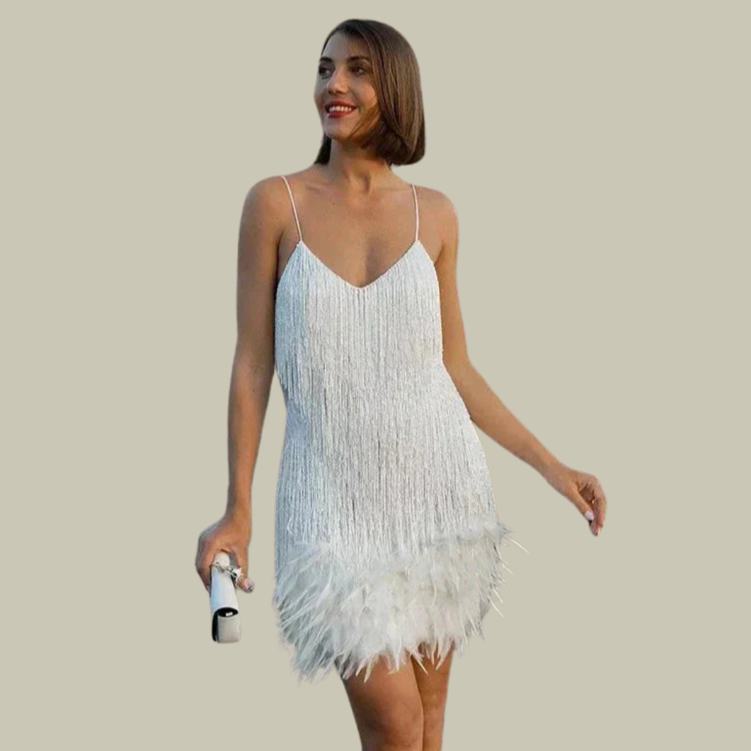 Vivienne | Feather-Trim Mini Dress – Statement Evening Silhouette