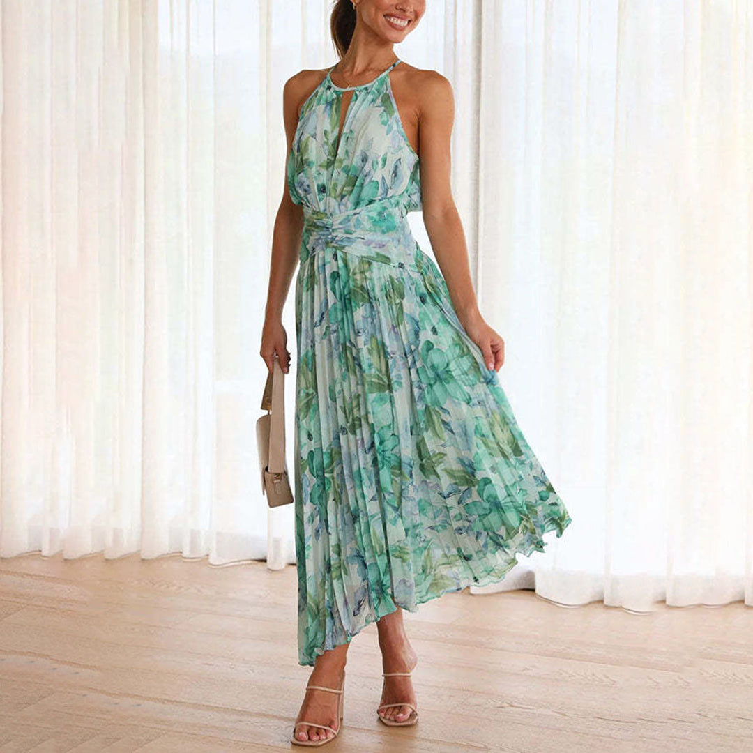 Vivienne Rose | Green Floral Halter Maxi Summer Dress