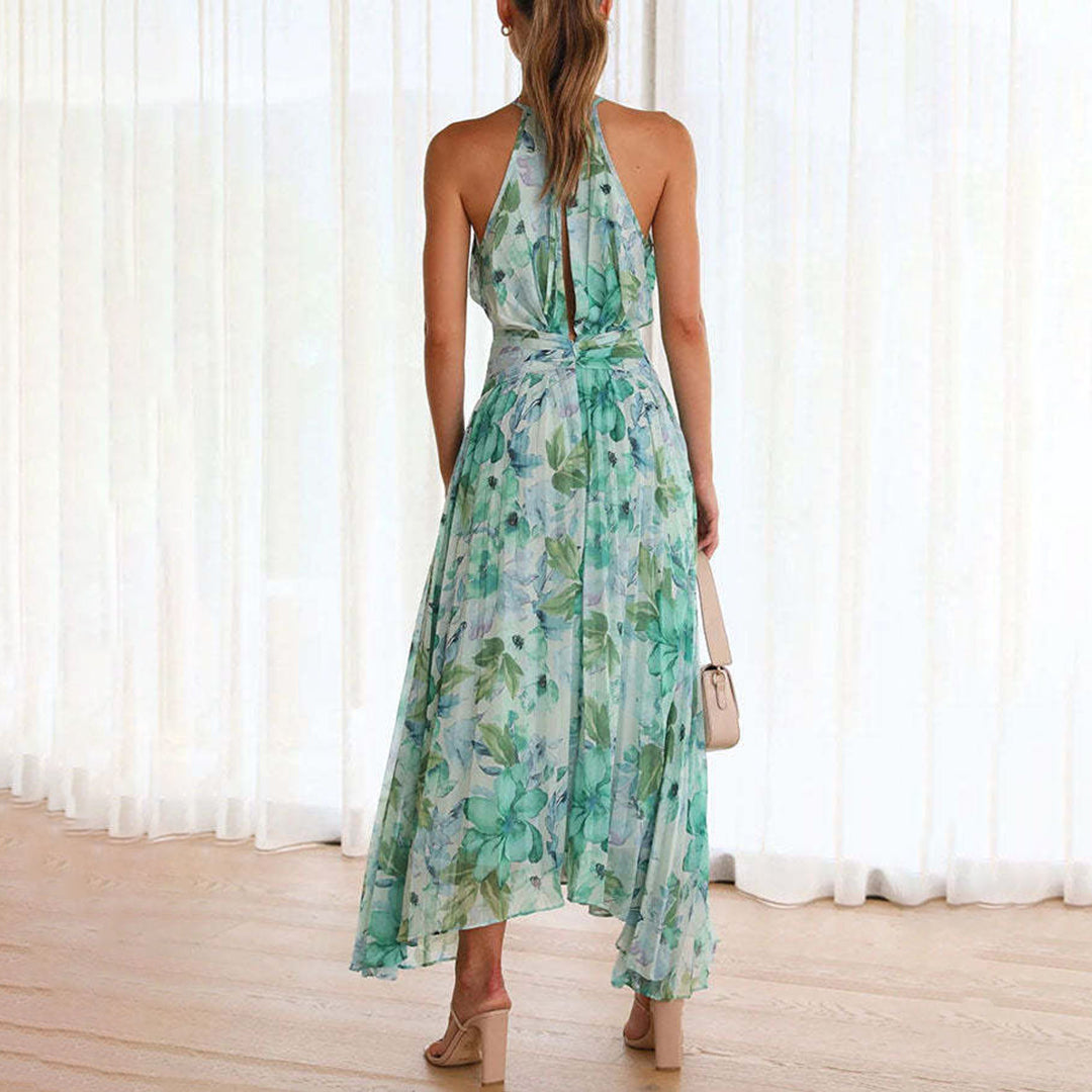 Vivienne Rose | Green Floral Halter Maxi Summer Dress
