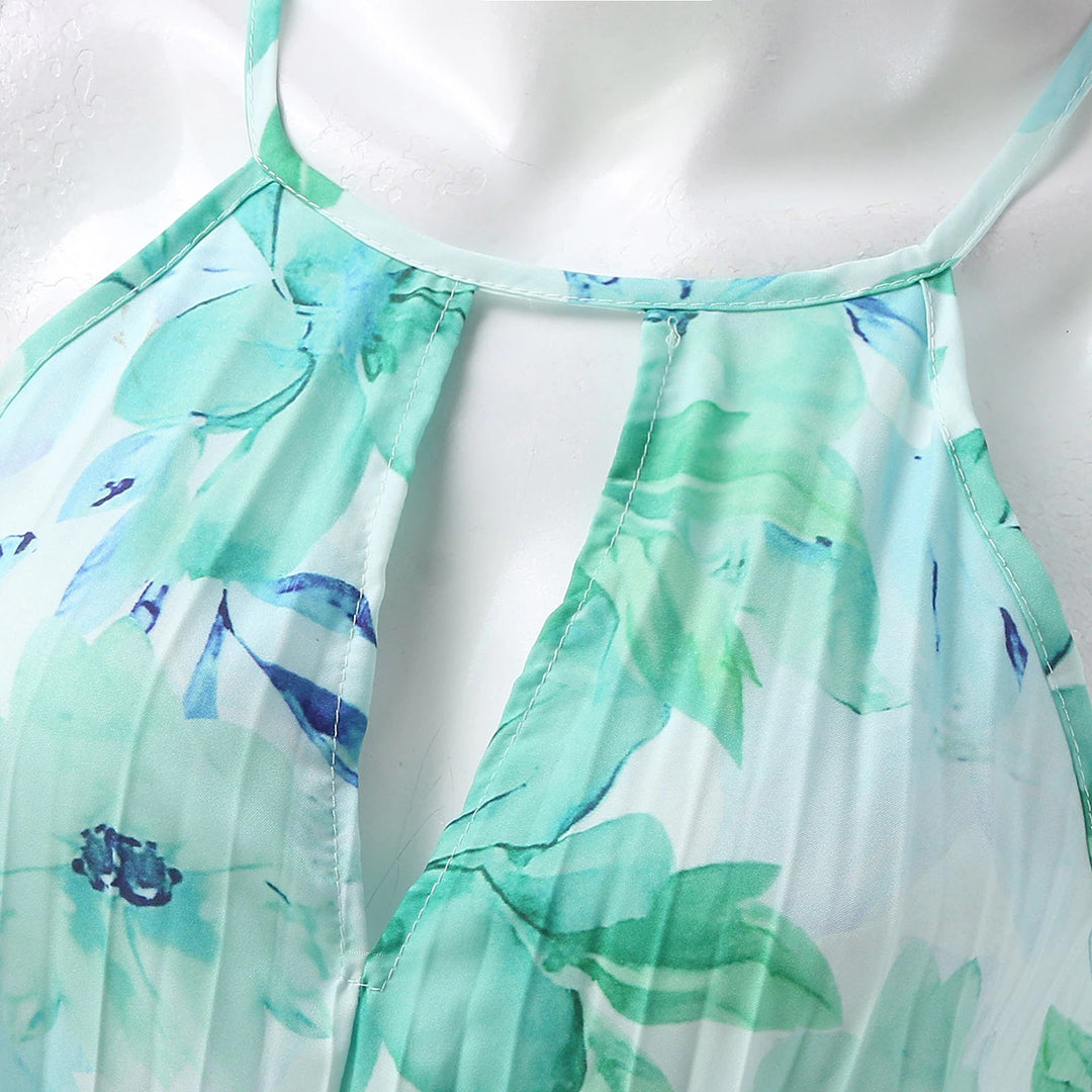 Vivienne Rose | Green Floral Halter Maxi Summer Dress