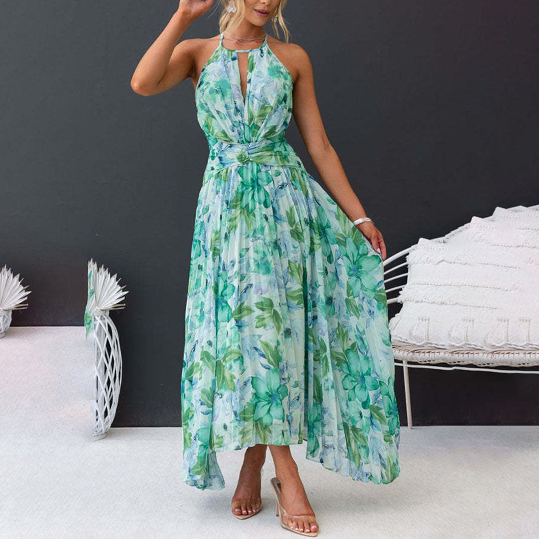 Vivienne Rose | Green Floral Halter Maxi Summer Dress