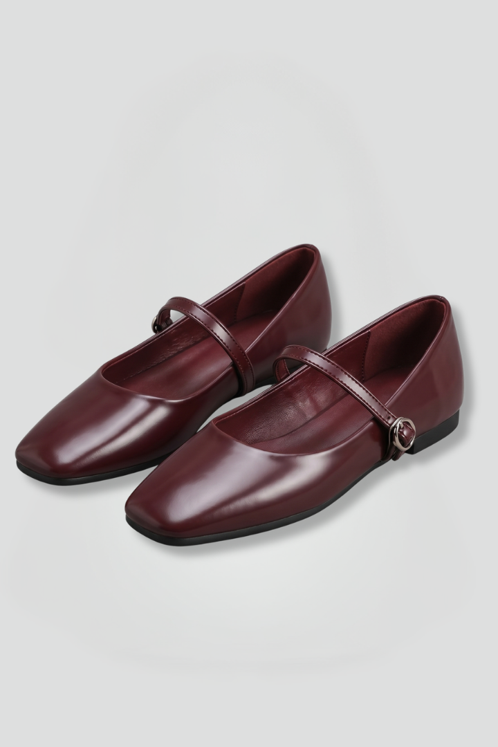 Emma Harrison | Burgundy Mary Jane Flats with Buckle Strap
