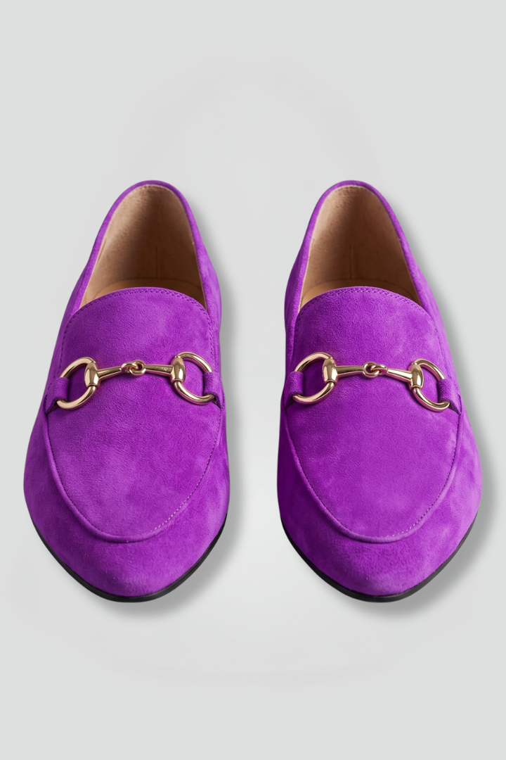 Amelia Taylor | Purple Suede Loafers with Gold Horsebit Detail