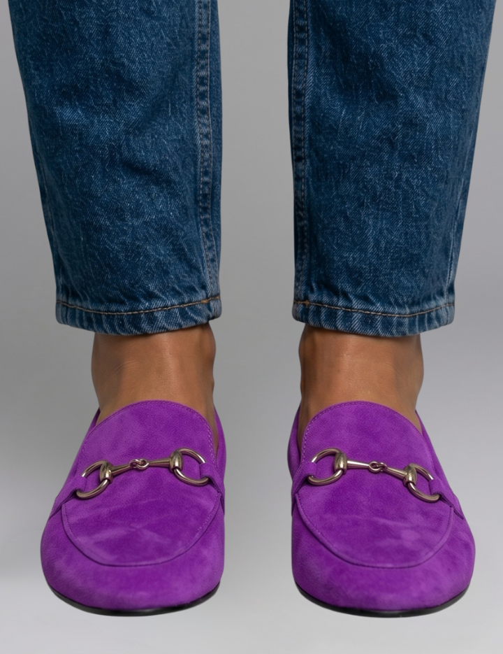 Amelia Taylor | Purple Suede Loafers with Gold Horsebit Detail