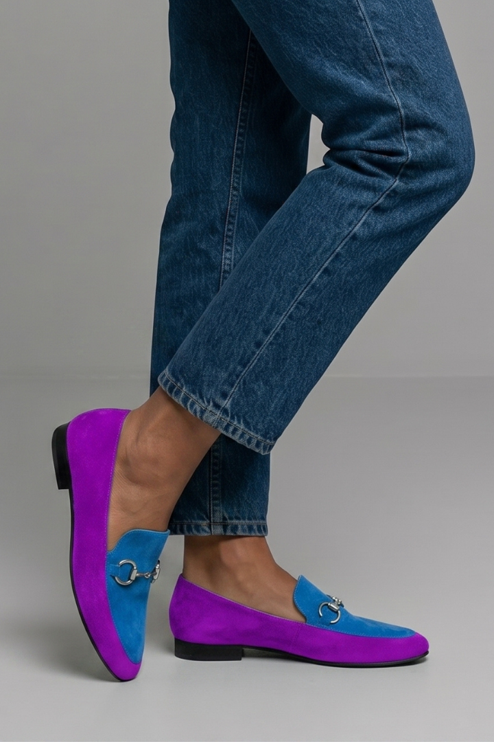 Amelia Taylor | Purple Suede Loafers with Gold Horsebit Detail