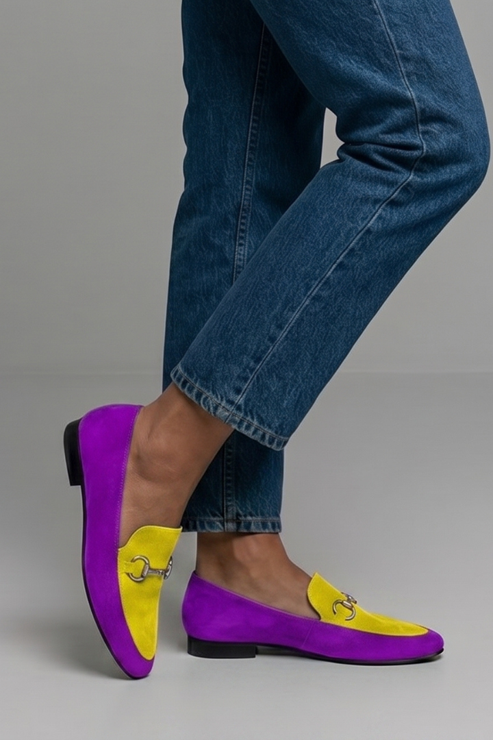 Amelia Taylor | Purple Suede Loafers with Gold Horsebit Detail