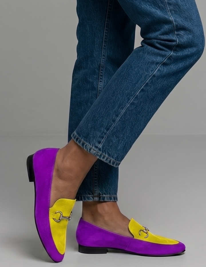 Amelia Taylor | Purple Suede Loafers with Gold Horsebit Detail