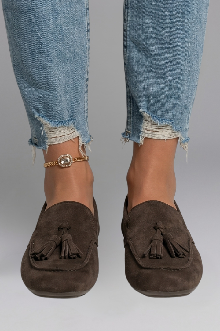 Victoria Evans | Women's Suede Tassel Loafers in Chocolate Brown