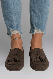 Victoria Evans | Women's Suede Tassel Loafers in Chocolate Brown