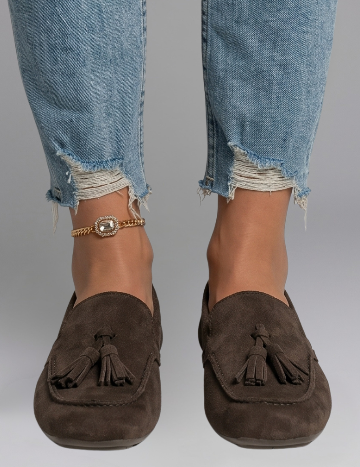 Victoria Evans | Women's Suede Tassel Loafers in Chocolate Brown