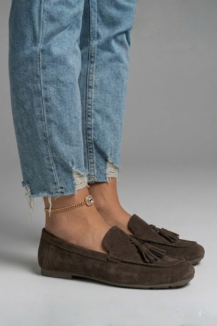 Victoria Evans | Women's Suede Tassel Loafers in Chocolate Brown