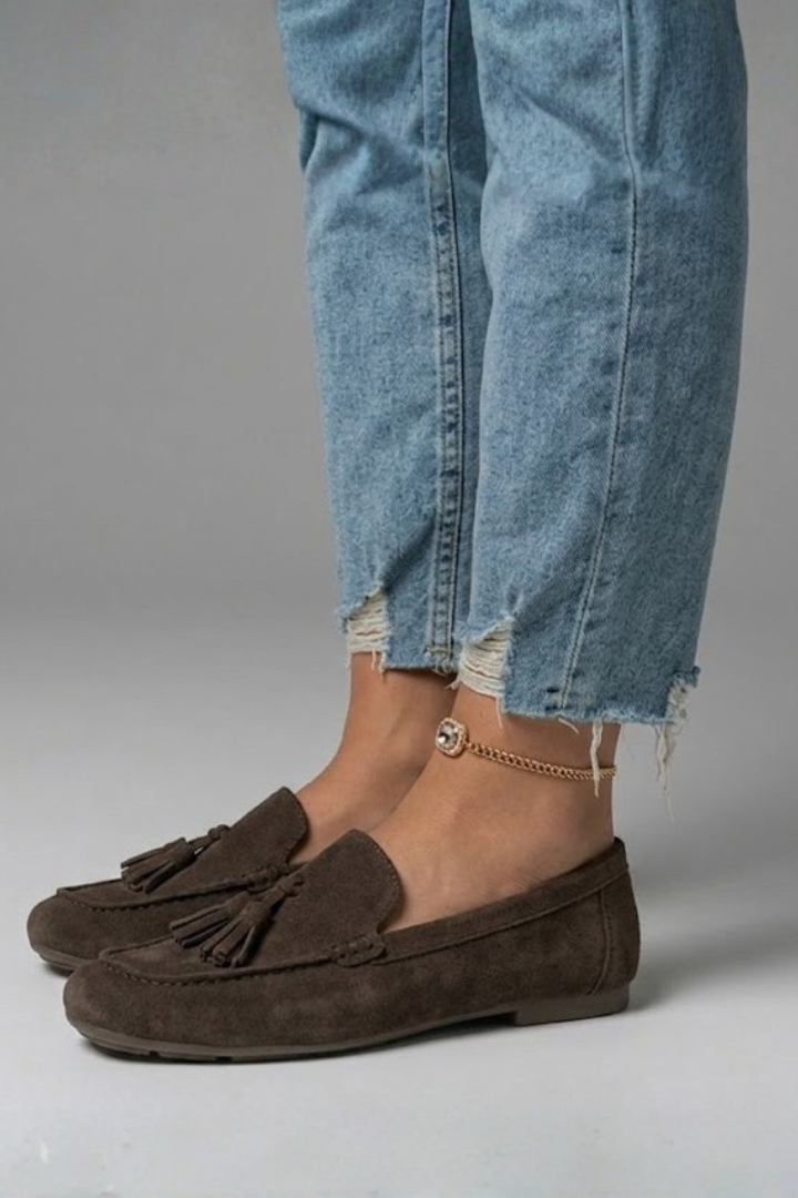 Victoria Evans | Women's Suede Tassel Loafers in Chocolate Brown
