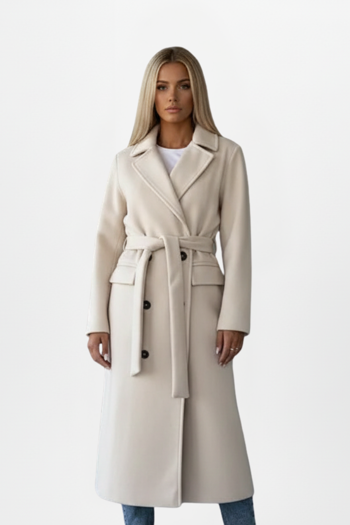 Cecily Radcliffe | Double Breasted Belted Long Coat in Cream