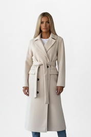 Cecily Radcliffe | Double Breasted Belted Long Coat in Cream