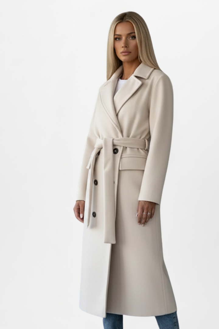 Cecily Radcliffe | Double Breasted Belted Long Coat in Cream