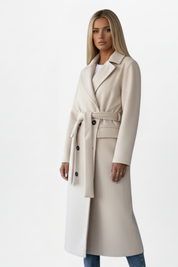 Cecily Radcliffe | Double Breasted Belted Long Coat in Cream