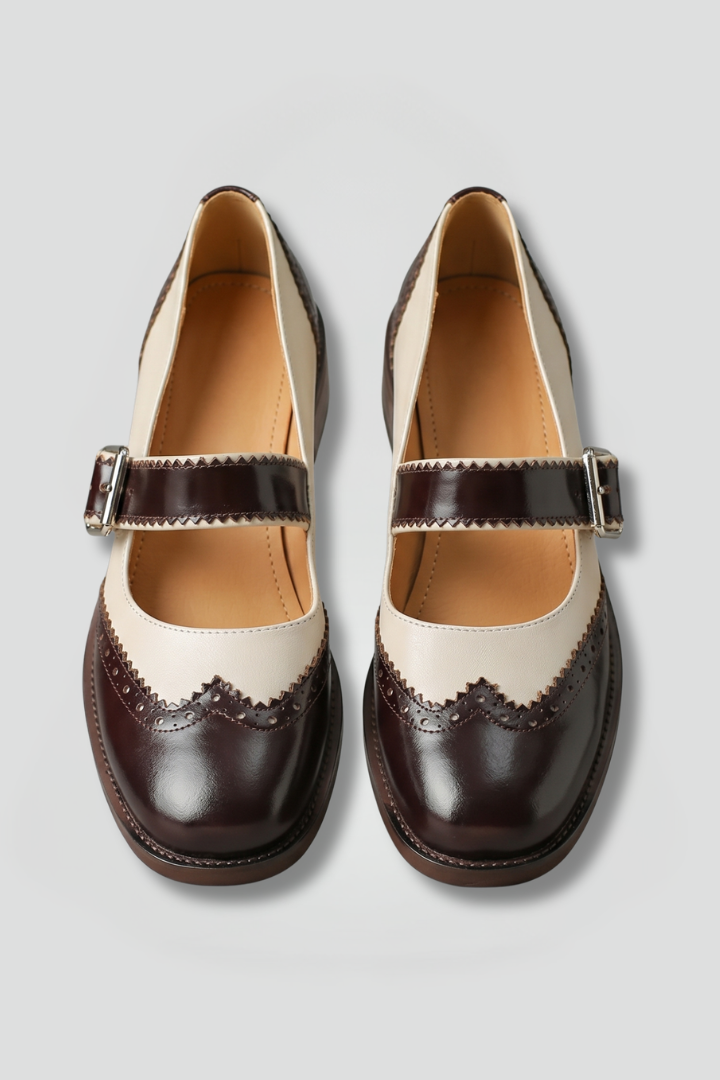 Edith Lewis | Two-Tone Brogue Mary Jane Flats in Oxblood & Cream